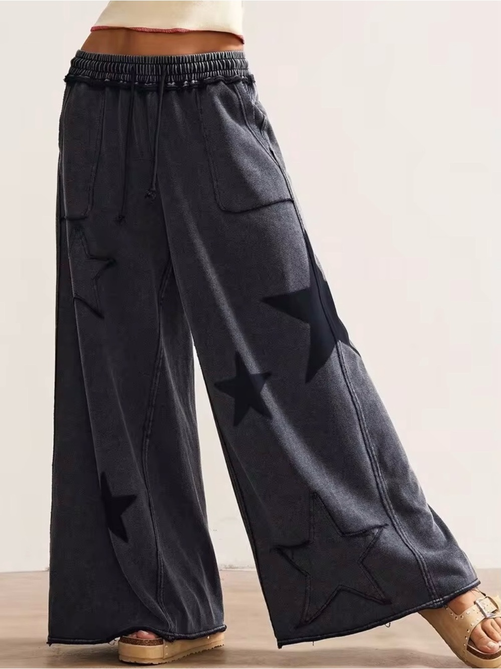 SHEIN Charcoal Wide Leg Star-Print Lounge Pants